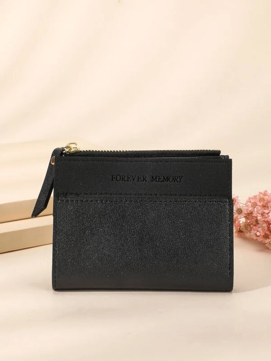 Letter Detail Small Wallet PU Black For Daily Life Coin Pocket Small Purse ID Window Zipper Women Wallet