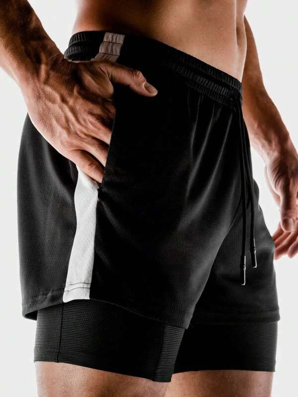 Men Drawstring Waist 2 In 1 Sports Shorts With Phone Pocket