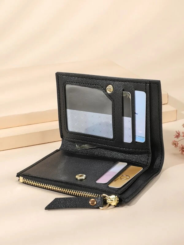 Letter Detail Small Wallet PU Black For Daily Life Coin Pocket Small Purse ID Window Zipper Women Wallet