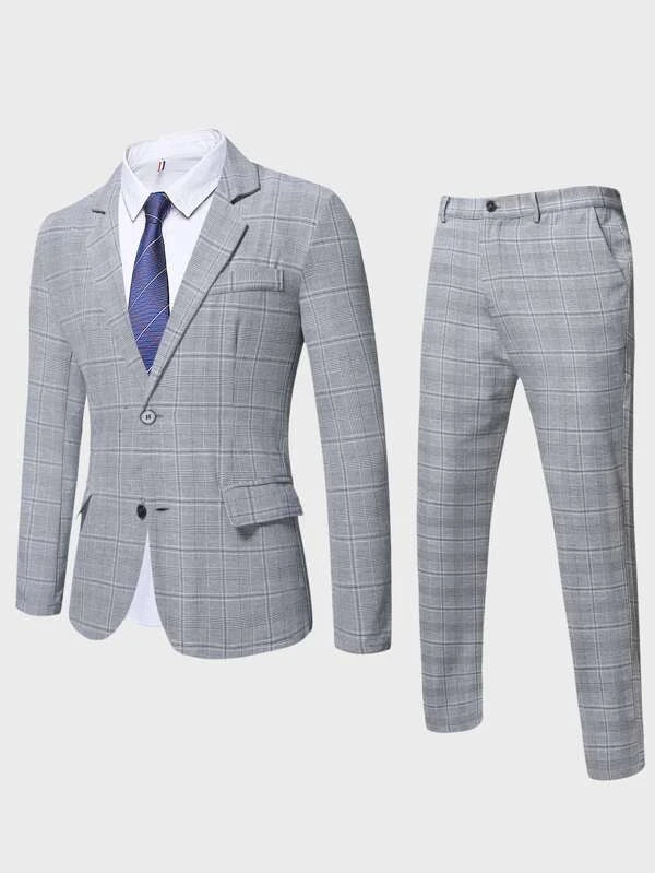 Men 1pc Plaid Lapel Collar Blazer & 1pc Suit Pants