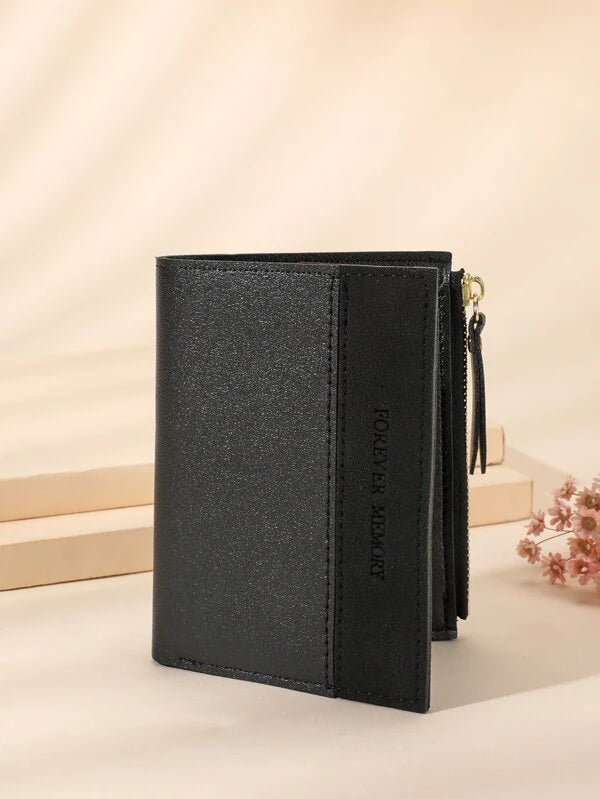 Letter Detail Small Wallet PU Black For Daily Life Coin Pocket Small Purse ID Window Zipper Women Wallet