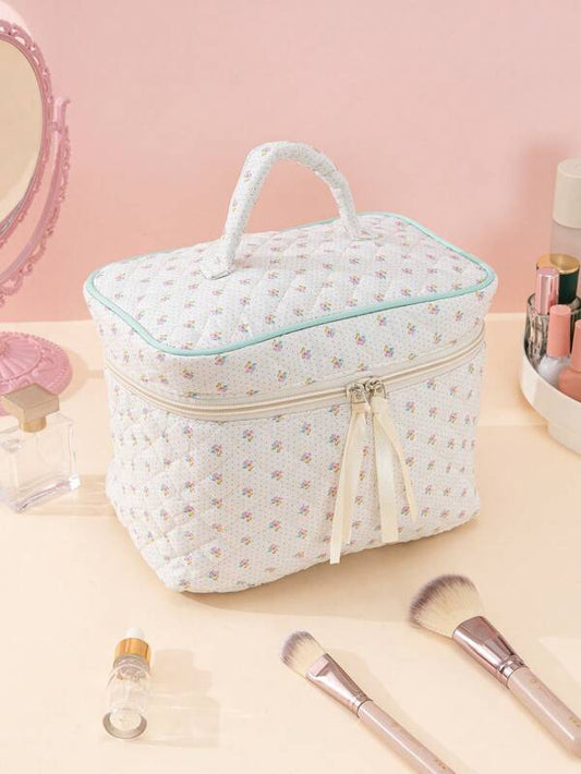 1pc White Floral Pattern Cross-Stitching Large Capacity Waterproof Cosmetic Bag