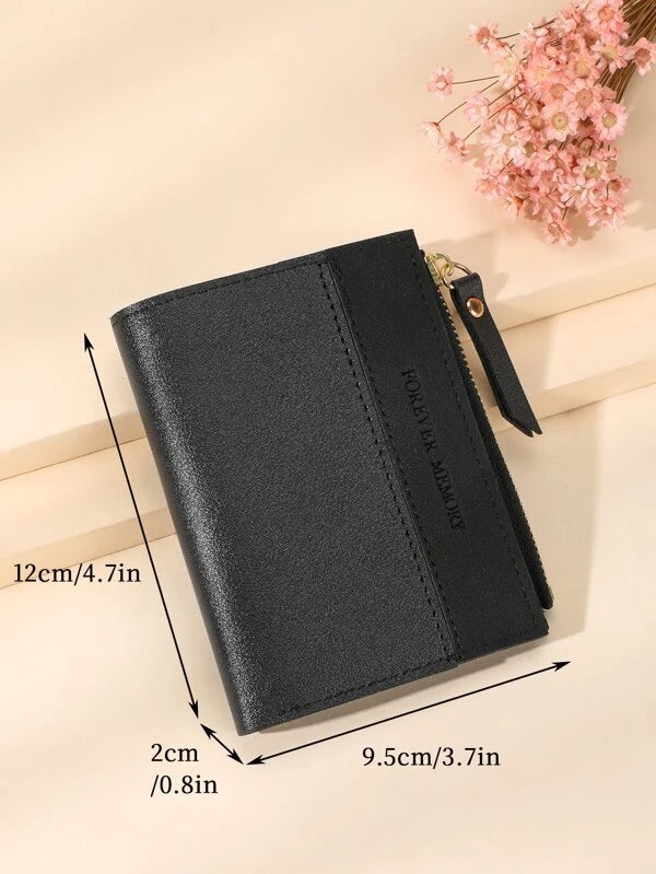 Letter Detail Small Wallet PU Black For Daily Life Coin Pocket Small Purse ID Window Zipper Women Wallet