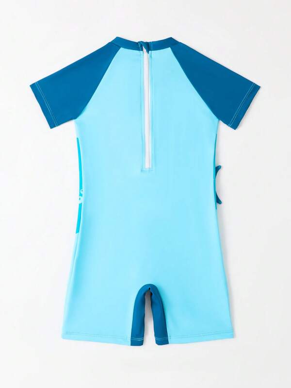Young Boys' Short Sleeve Zipper Rash Guard Swimsuit For Summer With Cute Shark Print And 3d Tail On The Side