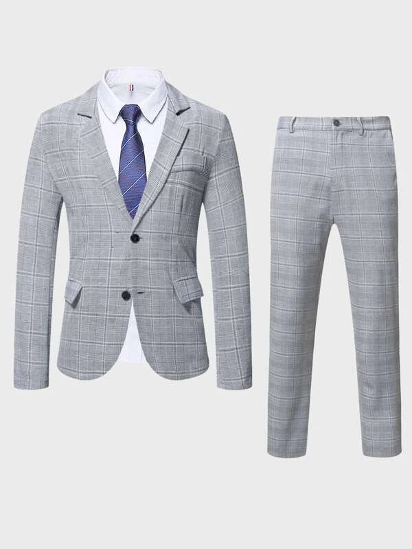 Men 1pc Plaid Lapel Collar Blazer & 1pc Suit Pants