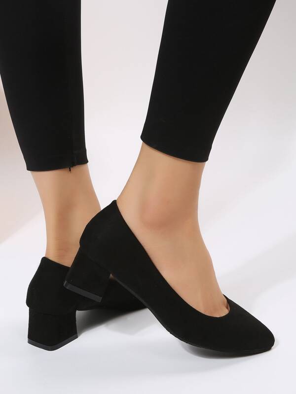 Elegant Black Court Pumps For Women, Faux Suede Point Toe Chunky Heeled Pumps