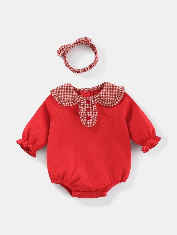 Peninsula Baby Baby Gingham Print Peter Pan Collar Flounce Sleeve Bodysuit With Headband