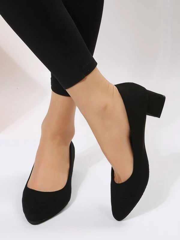 Elegant Black Court Pumps For Women, Faux Suede Point Toe Chunky Heeled Pumps