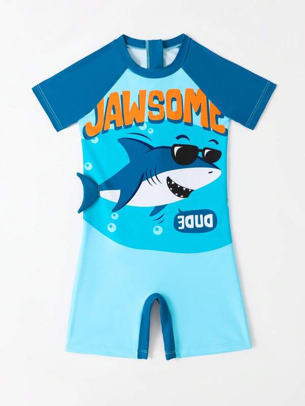 Young Boys' Short Sleeve Zipper Rash Guard Swimsuit For Summer With Cute Shark Print And 3d Tail On The Side