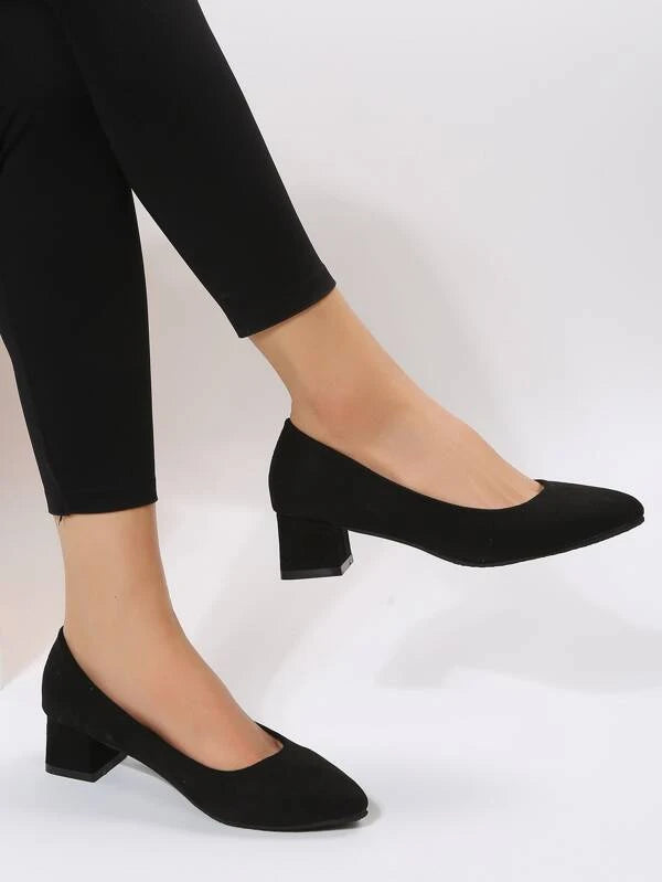 Elegant Black Court Pumps For Women, Faux Suede Point Toe Chunky Heeled Pumps