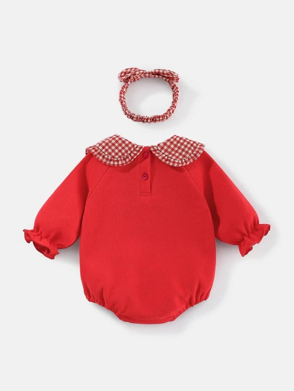 Peninsula Baby Baby Gingham Print Peter Pan Collar Flounce Sleeve Bodysuit With Headband