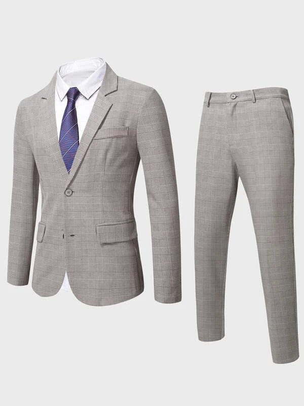 Men 1pc Plaid Lapel Collar Blazer & 1pc Suit Pants