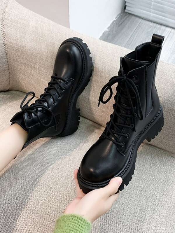 Women Minimalist Black Lace-Up Front Fashion Combat Boots