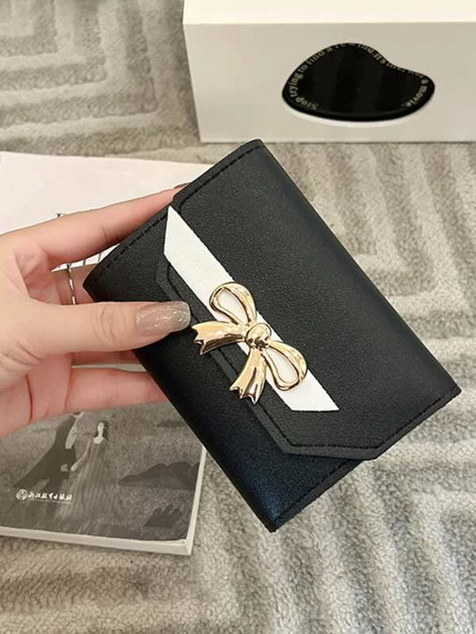 Bow Decor Snap Button Small Wallet Credit Card Small Purse ID Window Slim Women Wallet