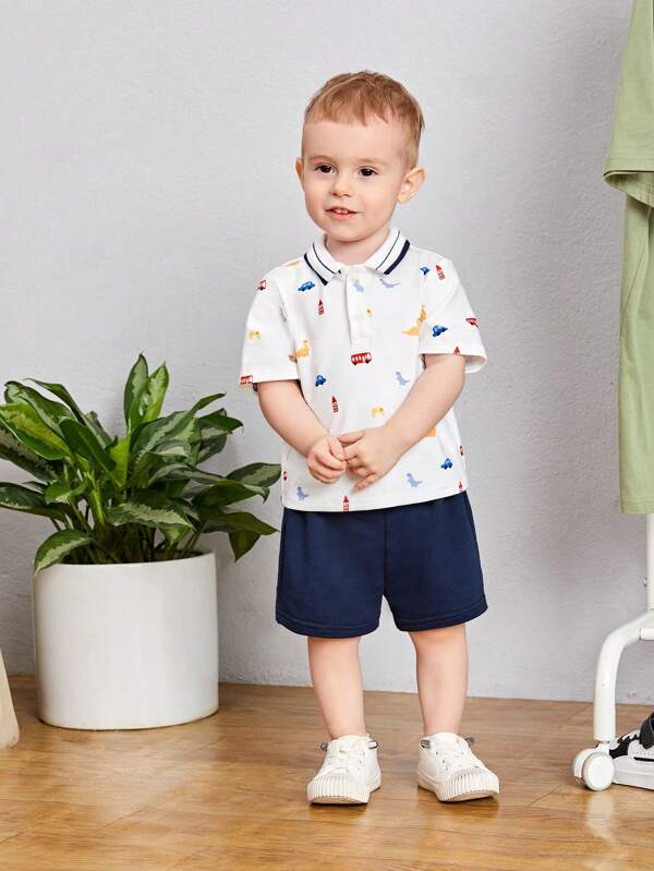 SHEIN Baby Boy Car Print Polo Tee & Shorts