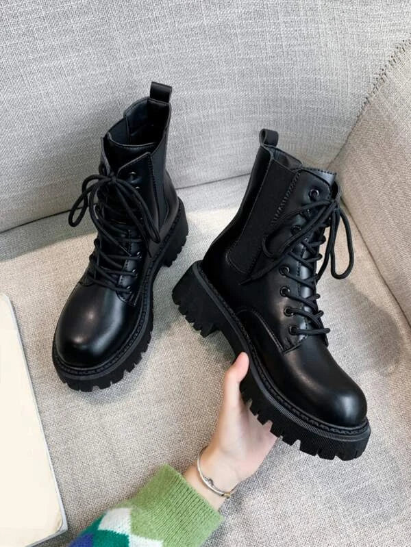 Women Minimalist Black Lace-Up Front Fashion Combat Boots