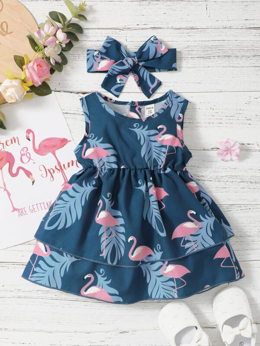Baby Flamingo Print Layered Hem A Line Dress With Headband