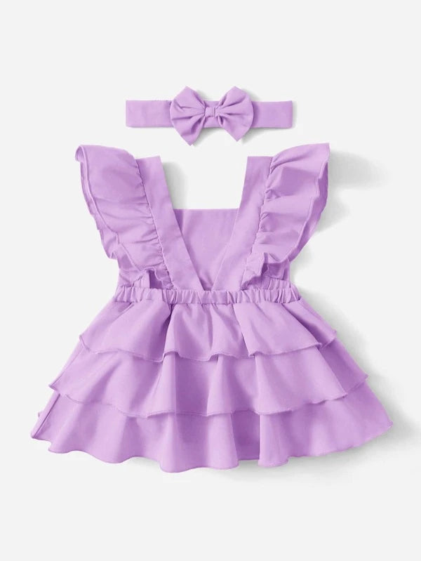 SHEIN Baby Bow Front Ruffle Trim Layer Hem Dress With Headband