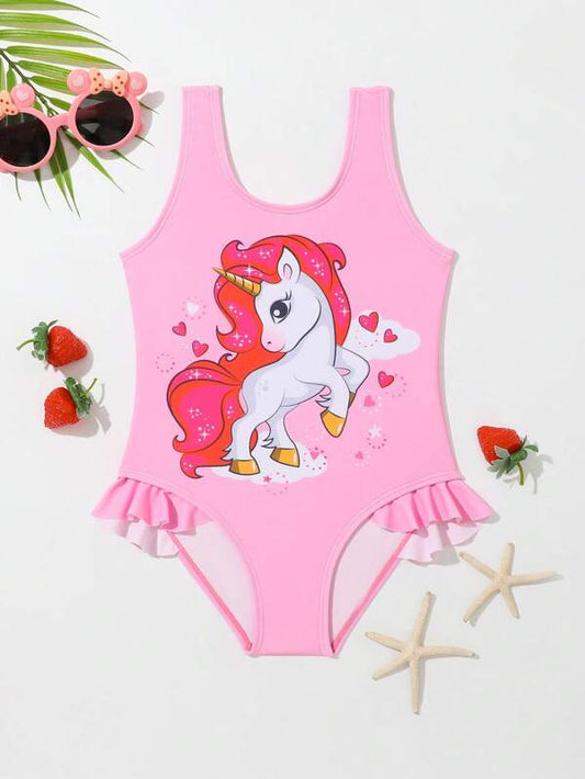 Toddler Girls Unicorn Print Ruffle Trim One Piece Swimsuit