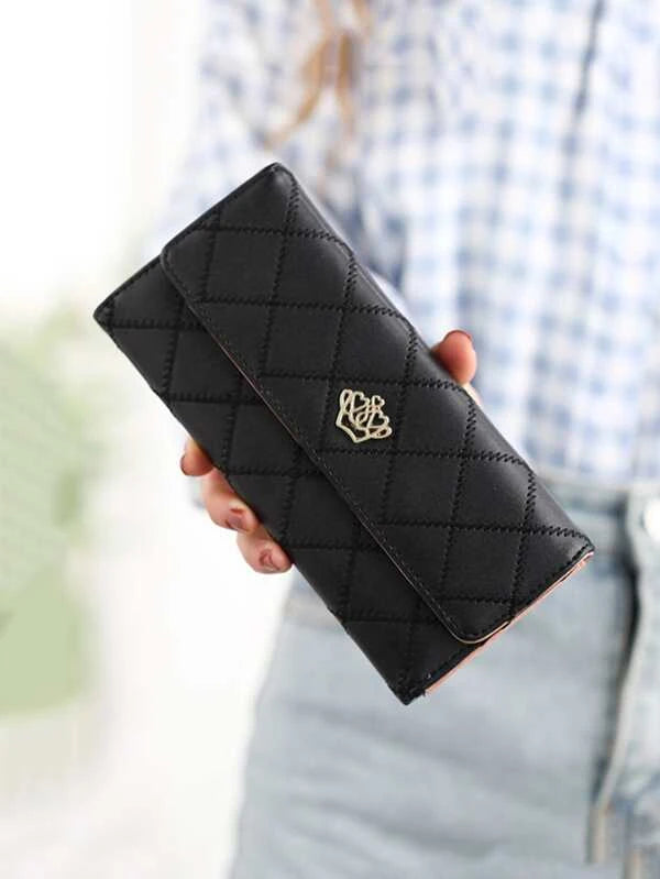 Geometric Embossed Crown Decor Flap Long Wallet Argyle Embroidery Wallet, Women's Folding Long Money Clip, Clutch Bag Classic Small Card Purse Checkbook Cover