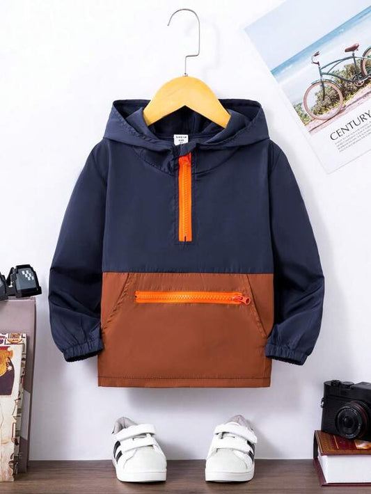 Young Boy Colorblock Half Zip Kangaroo Pocket Hooded Jacket