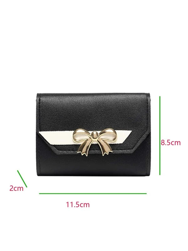 Bow Decor Snap Button Small Wallet Credit Card Small Purse ID Window Slim Women Wallet