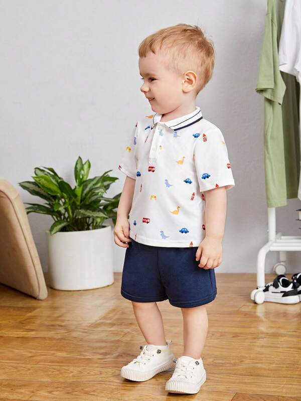 SHEIN Baby Boy Car Print Polo Tee & Shorts