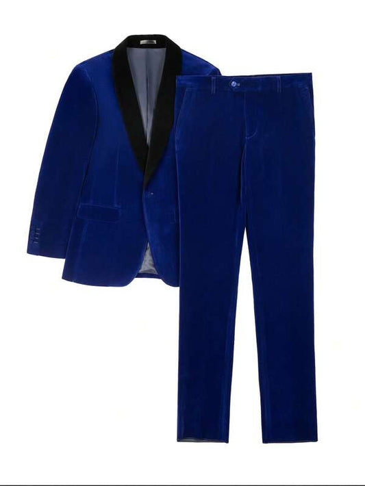 Men Contrast Panel Shawl Collar Velvet Blazer & Pants