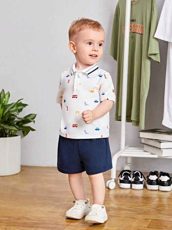 SHEIN Baby Boy Car Print Polo Tee & Shorts