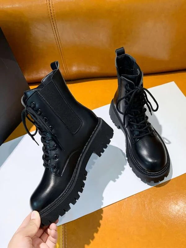 Women Minimalist Black Lace-Up Front Fashion Combat Boots