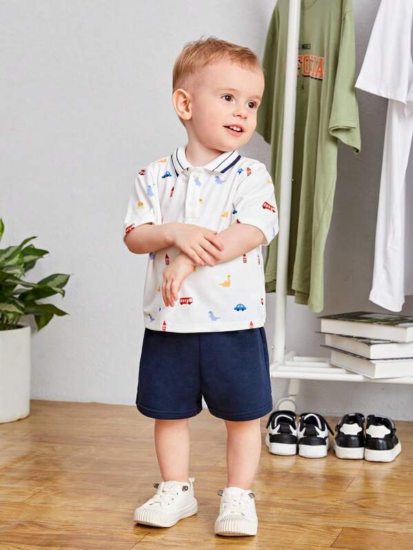 SHEIN Baby Boy Car Print Polo Tee & Shorts