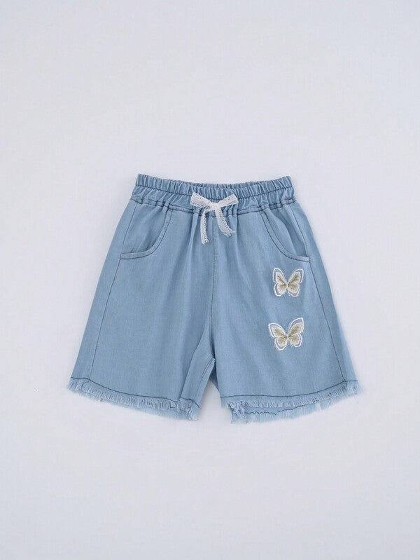 Young Girl Butterfly Patched Bow Front Raw Hem Denim Shorts