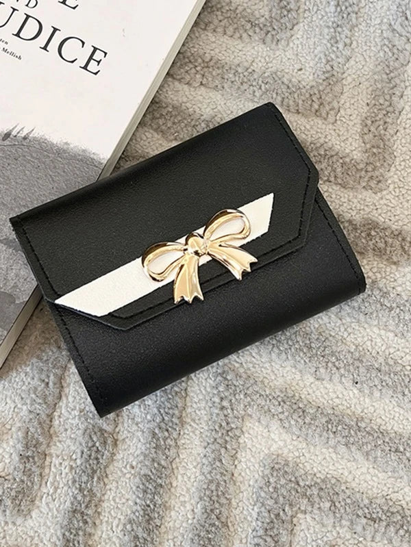 Bow Decor Snap Button Small Wallet Credit Card Small Purse ID Window Slim Women Wallet