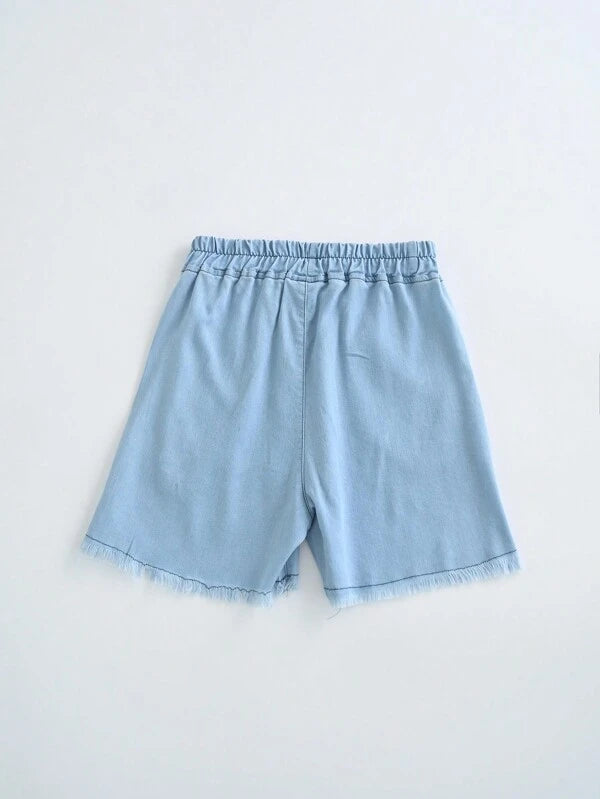 Young Girl Butterfly Patched Bow Front Raw Hem Denim Shorts