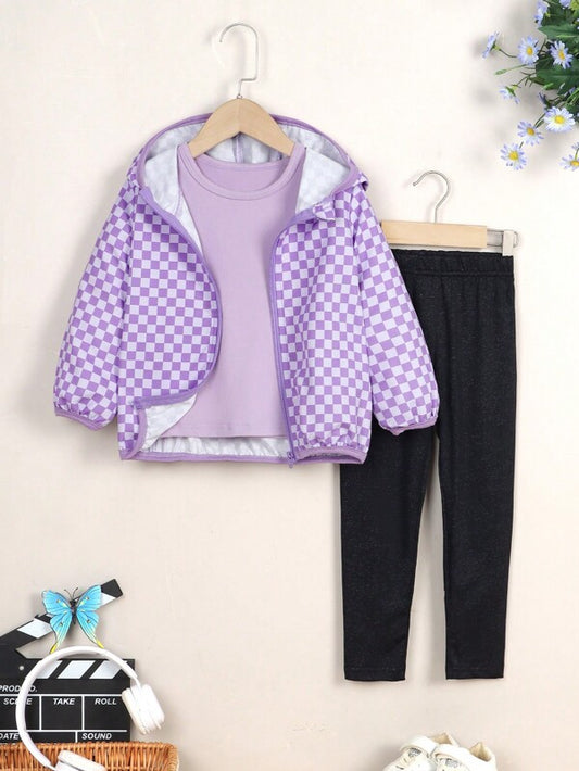 Young Girl Checker Print Zip Up Hooded Jacket & Leggings & Tee