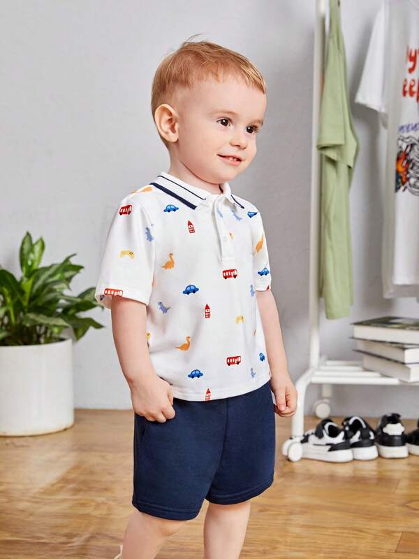 SHEIN Baby Boy Car Print Polo Tee & Shorts