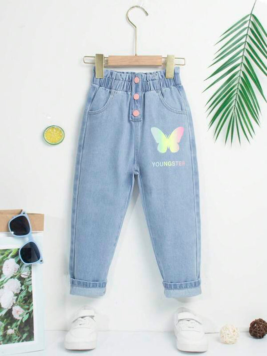 Toddler Girls Butterfly & Letter Graphic Button Detail Jeans