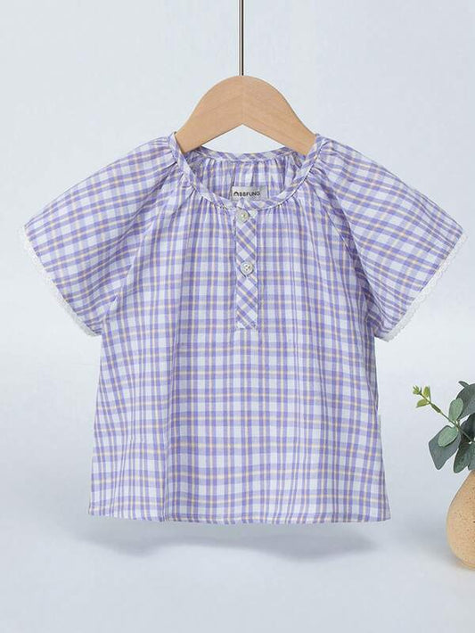 YINGZIFANG Young Girls' Stylish Plaid Round Neck Shirt For Summer