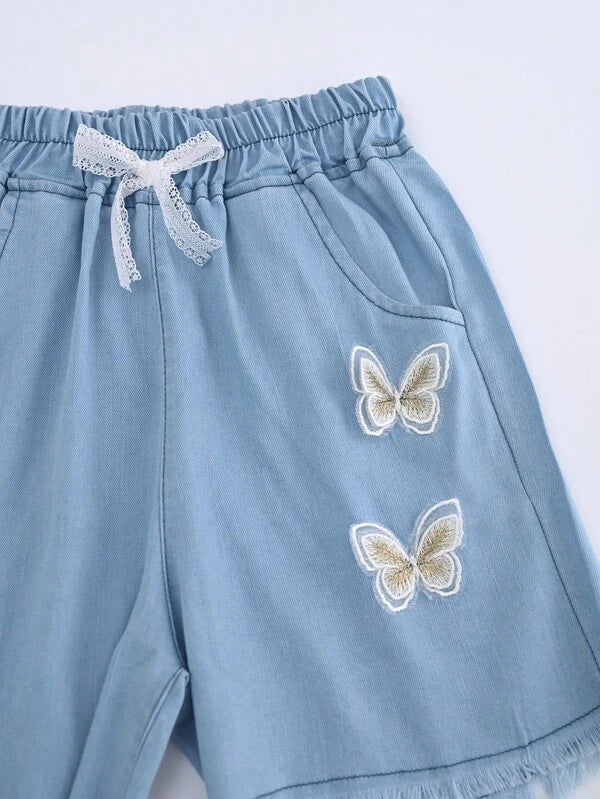 Young Girl Butterfly Patched Bow Front Raw Hem Denim Shorts