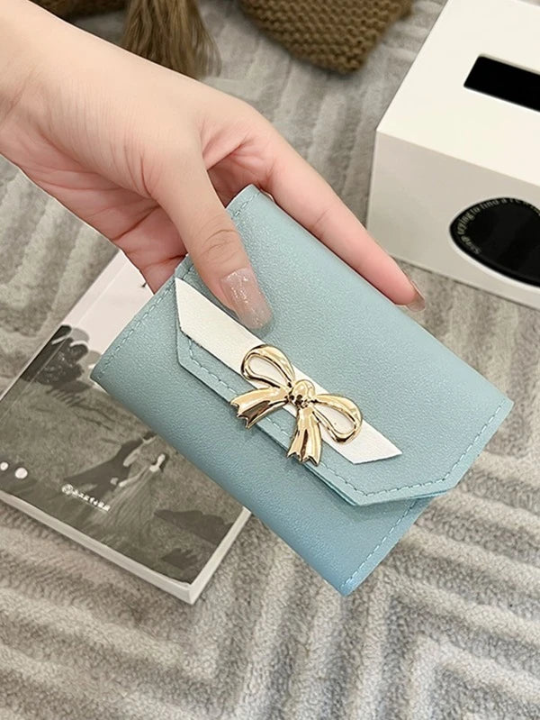 Bow Decor Snap Button Small Wallet Credit Card Small Purse ID Window Slim Women Wallet