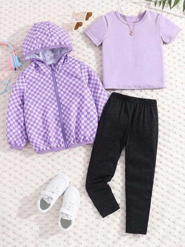 Young Girl Checker Print Zip Up Hooded Jacket & Leggings & Tee