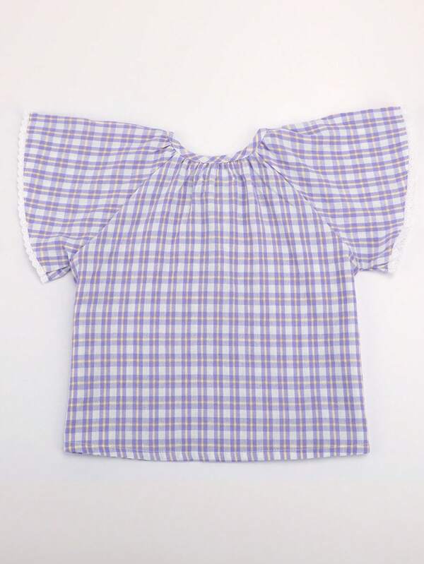 YINGZIFANG Young Girls' Stylish Plaid Round Neck Shirt For Summer