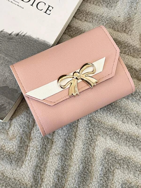 Bow Decor Snap Button Small Wallet Credit Card Small Purse ID Window Slim Women Wallet