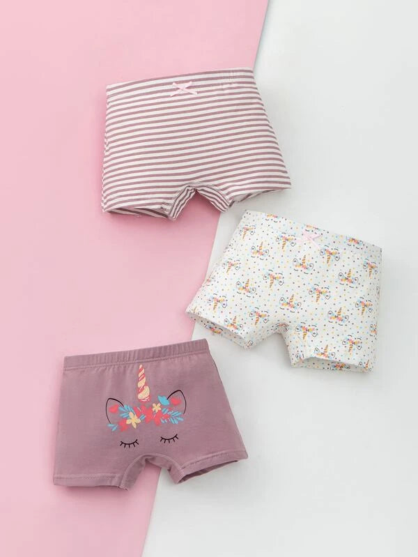 Toddler Girls 3pcs Striped & Cartoon Graphic Shortie Brief