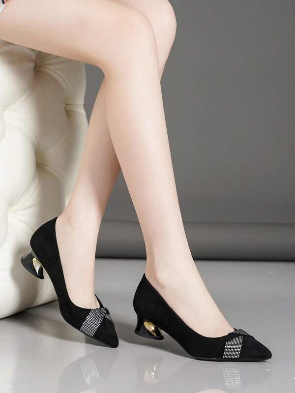 Glamorous Court Pumps For Women, Faux Suede Rhinestone Decor Sculptural Heeled Pumps