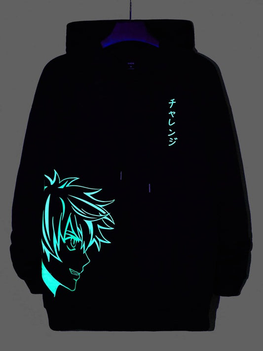 Manfinity EMRG Men Reflective Japanese Letter & Figure Graphic Drawstring Hoodie