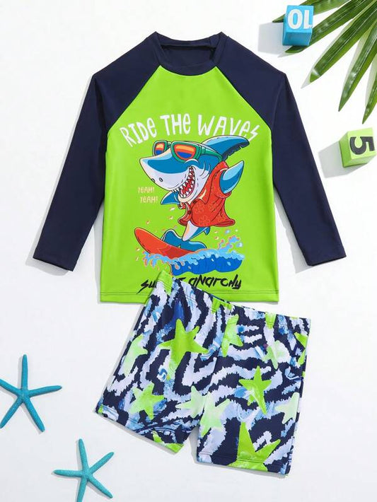 Young Boy Cartoon Shark Print Beach Swimsuit