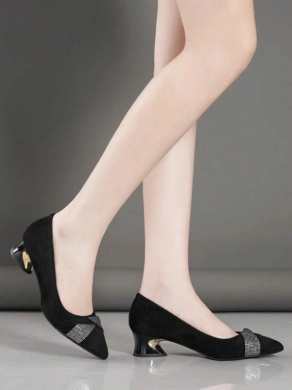 Glamorous Court Pumps For Women, Faux Suede Rhinestone Decor Sculptural Heeled Pumps