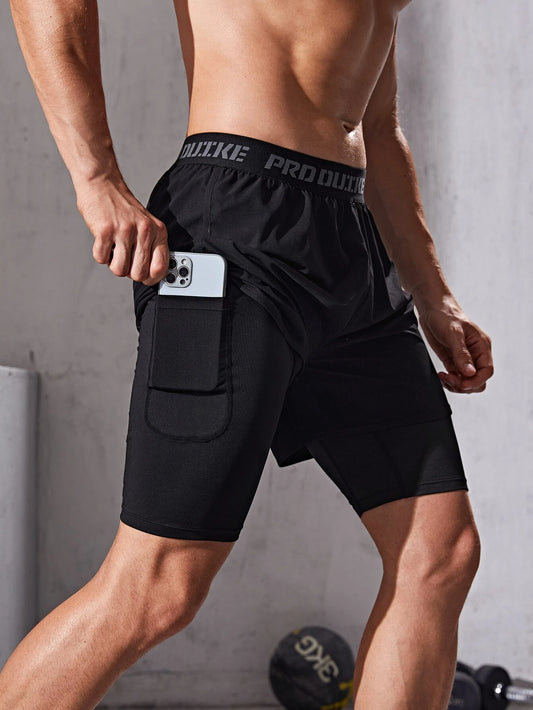 Men Letter Tape 2 In 1 Sports Shorts & Phone Pocket