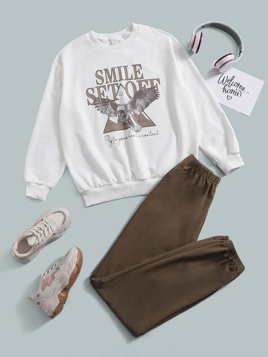 SHEIN Teen Girls Letter & Eagle Graphic Pullover & Sweatpants Set